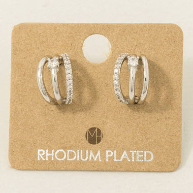 Pave Layered Hoop Huggie Earrings - Silver