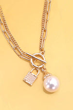 Double Layer Toggle Necklace with Pearl and Lock Charm - Gold