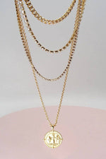 Double Rhinestone Coin Pendant Layer Necklace - Gold