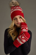 Red & Cream Patterned Pom Hat