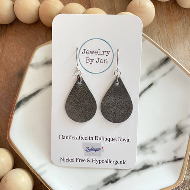Weathered Grey Leather Teardrop Earrings
