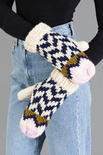 Beige, Navy & Lt. Pink Patterned Mittens
