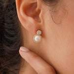 Elegant Natural Pearl and Rhinestone Studs - Gold
