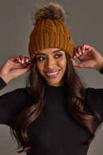 Mustard Cable Knit Pom Hat