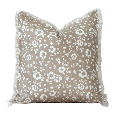 20x20 Brown with White Floral Fringe Pillow Cover