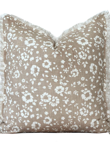 20x20 Brown with White Floral Fringe Pillow Cover