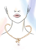 Double Layer Toggle Necklace with Pearl and Lock Charm - Gold