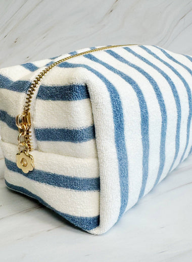 Terry Cloth Dusty Blue Striped Cosmetic Case