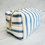 Terry Cloth Dusty Blue Striped Cosmetic Case