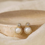 Elegant Natural Pearl and Rhinestone Studs - Gold