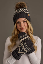 Charcoal & Beige Patterned Pom Hat