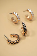 Mini Checker Hoop Huggie Earrings - Gold/White