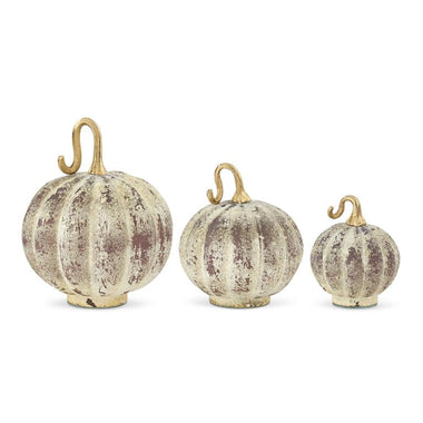 White & Tan Distressed Glass Pumpkins w/ Gold Stem