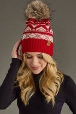 Red & Cream Patterned Pom Hat