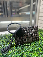 Tweed Cuff Handle Tassel Wristlet - Black