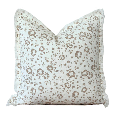 20x20 White with Brown Floral Fringe Pillow Cover