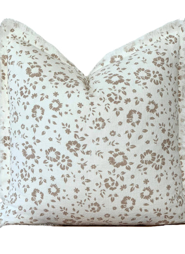 20x20 White with Brown Floral Fringe Pillow Cover