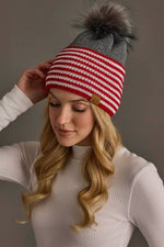 Gray, Red & White Striped Knit Pom Hat