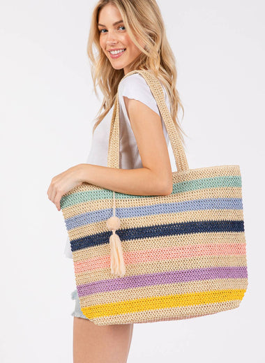 Amara Striped Crochet Tote Bag with Tassel - Blue