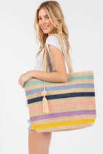 Amara Striped Crochet Tote Bag with Tassel - Blue