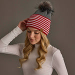 Gray, Red & White Striped Knit Pom Hat
