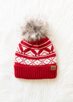 Red & Cream Patterned Pom Hat