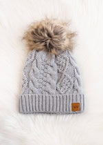 Light Gray Cable Knit Pom Hat