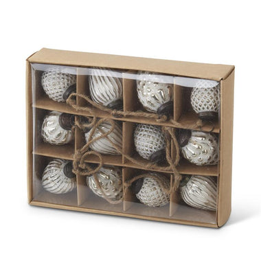 Whitewashed Mercury Glass Acorn Ornaments S/12