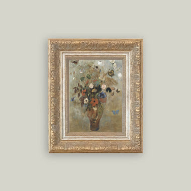 10x12 Flower Butterfly Vase Antique Art in Frame
