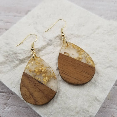 Gold Flake Acrylic & Wood Drop Earrings