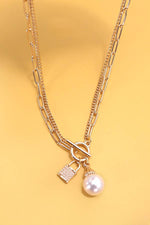 Double Layer Toggle Necklace with Pearl and Lock Charm - Gold