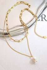 Pearl Drop Necklace with Paperclip Chain - Gold
