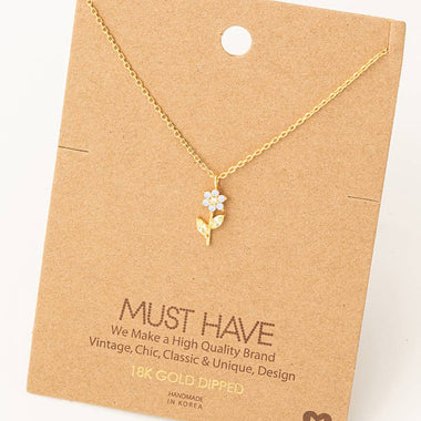 Blue Rhinestone Flower Charm Necklace - Gold
