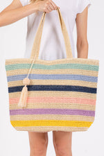 Amara Striped Crochet Tote Bag with Tassel - Blue