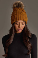 Mustard Cable Knit Pom Hat