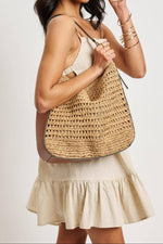 2 in 1 Savannah Straw Hobo Tote Bag With Pouch - Tan