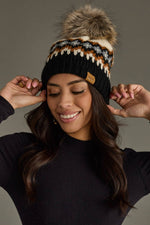 Cream, Rust, Black & Gray Patterned Pom Hat