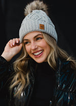 Light Gray Cable Knit Pom Hat
