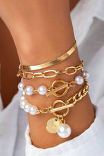 Multilayer Pearl Chain Herringbone Mix Bracelet Set - Gold