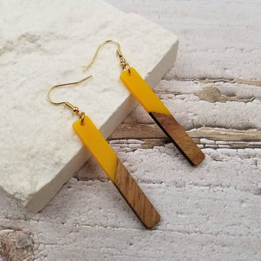 Stick Resin & Wood Drop Earrings: Yellow