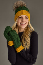 Green & Gold Trim Cable Knit Pom Hat