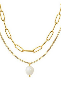 Pearl Drop Necklace with Paperclip Chain - Gold