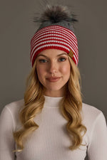 Gray, Red & White Striped Knit Pom Hat