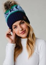 Green, Light Blue & Navy Ski Pom Hat