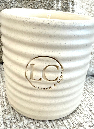 Linen & Clove Stamped - Rowe Pottery Ridges White Candle in Crock