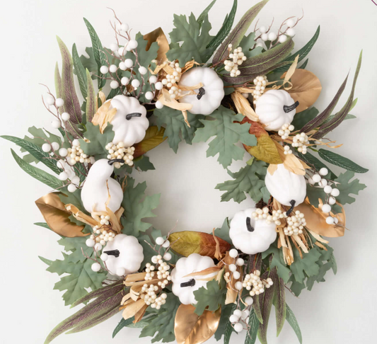 28" White Pumpkin Leaf Wreath
