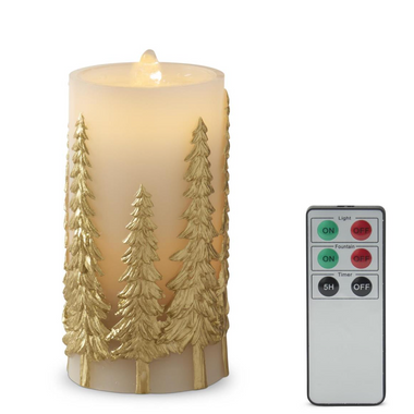7.75" Gold Embossed Trees LED Water Candle with Timer & Remote