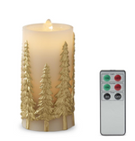 7.75" Gold Embossed Trees LED Water Candle with Timer & Remote