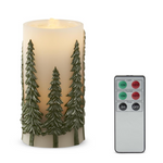 7.75" Green Embossed Trees LED Water Candle with Timer & Remote