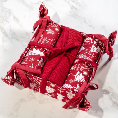 Three Towels in Napkin Holder - Red Trees